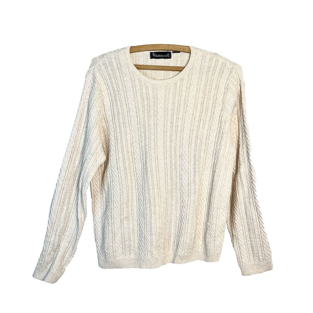Vintage Women's WAINSCOTT White Baby Cable V-Neck Cotton Pullover Sweater Size M